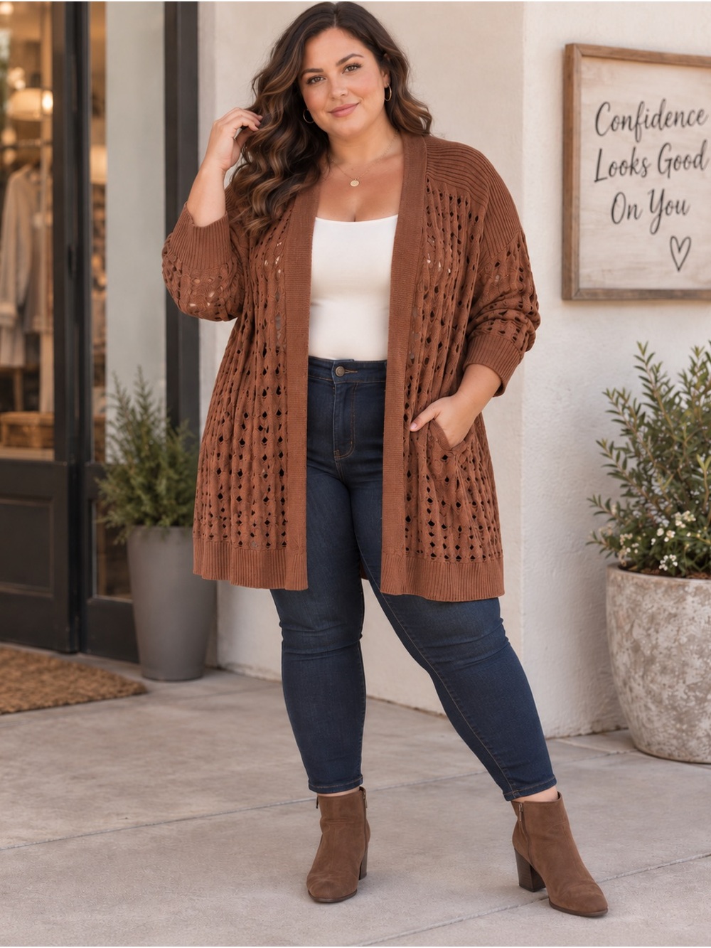 Kasper 3X Brown Open Knit Long Cardigan Boho Duster Sweater Plus Size